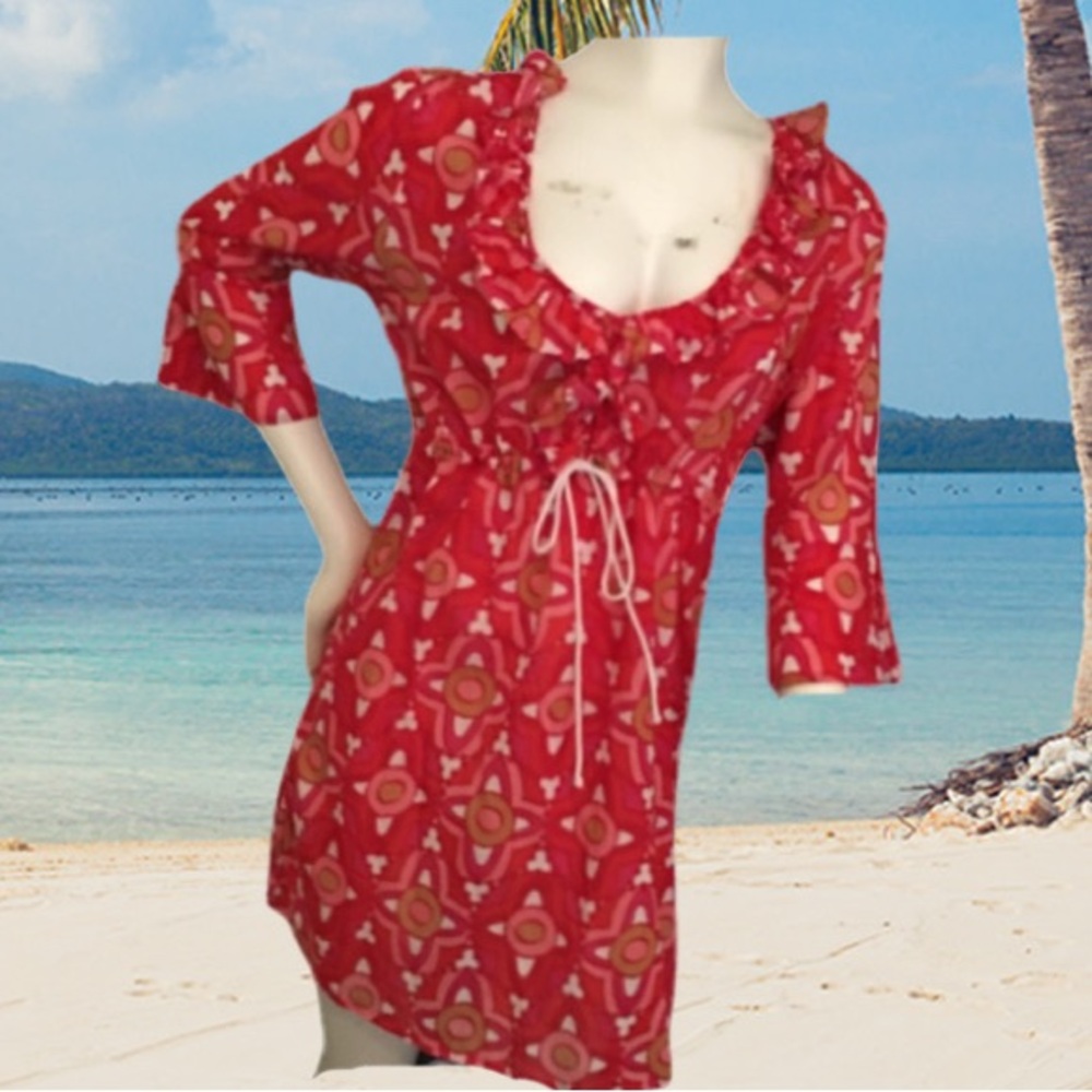 Mudpie Red & Pink Geometric Print Ruffle Bathing Suit Cover Up/Dress, Sz Med